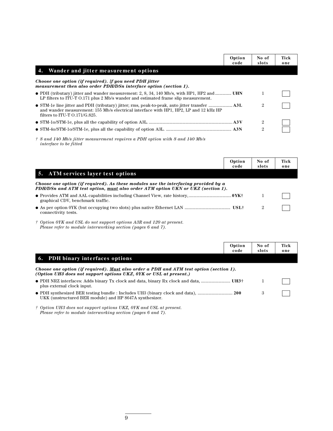 HP 37717C ATM services layer test options, PDH binary interfaces options, Option Tick Code Slots One, Connectivity tests 