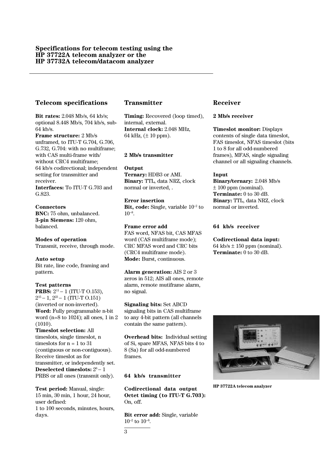 HP 37722A Connectors, Pin Siemens 120 ohm, Modes of operation, Auto setup, Test patterns, Error insertion, Frame error add 