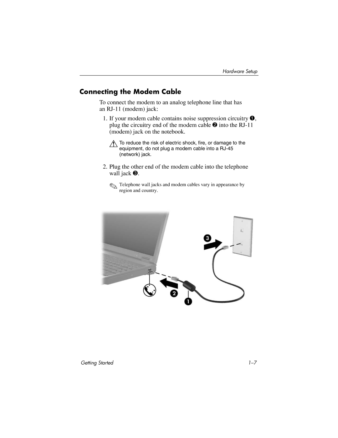 HP 377703-001 manual Connecting the Modem Cable 