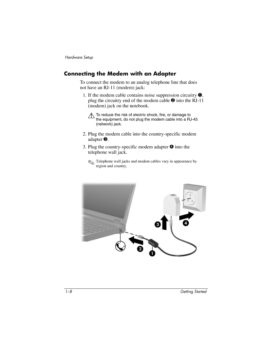 HP 377703-001 manual Connecting the Modem with an Adapter 