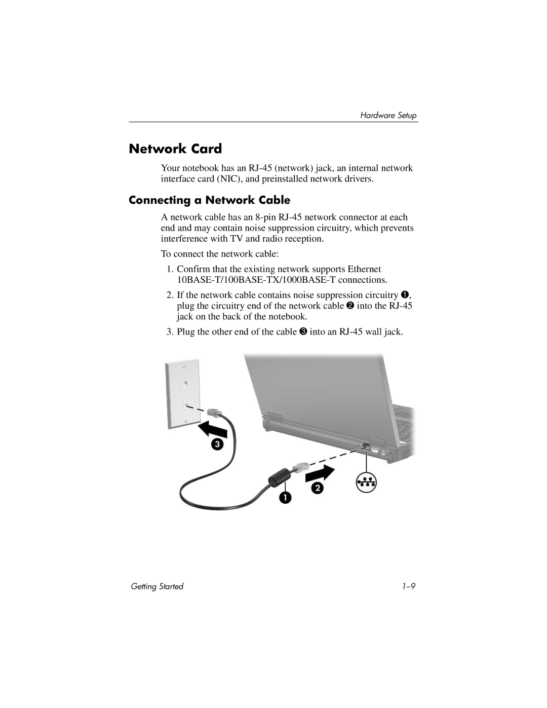 HP 377703-001 manual Network Card, Connecting a Network Cable 