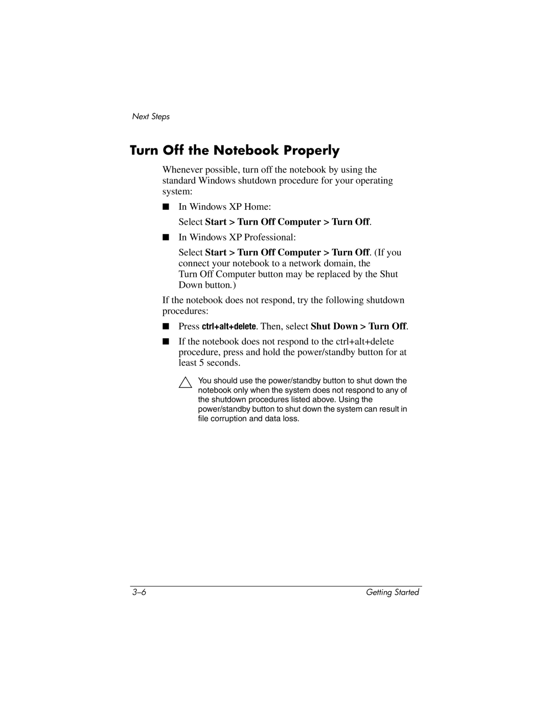 HP 377703-001 manual Turn Off the Notebook Properly 