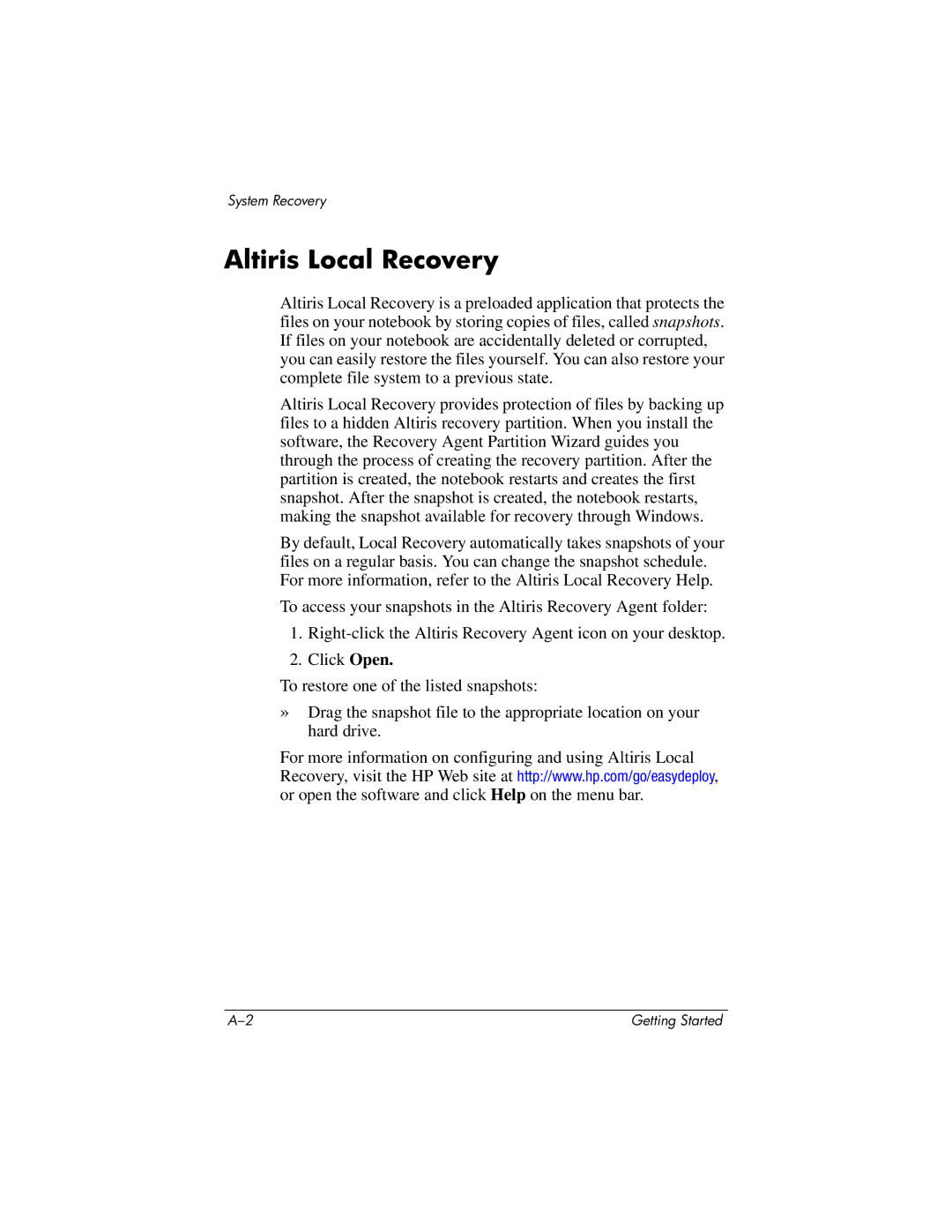 HP 377703-001 manual Altiris Local Recovery 