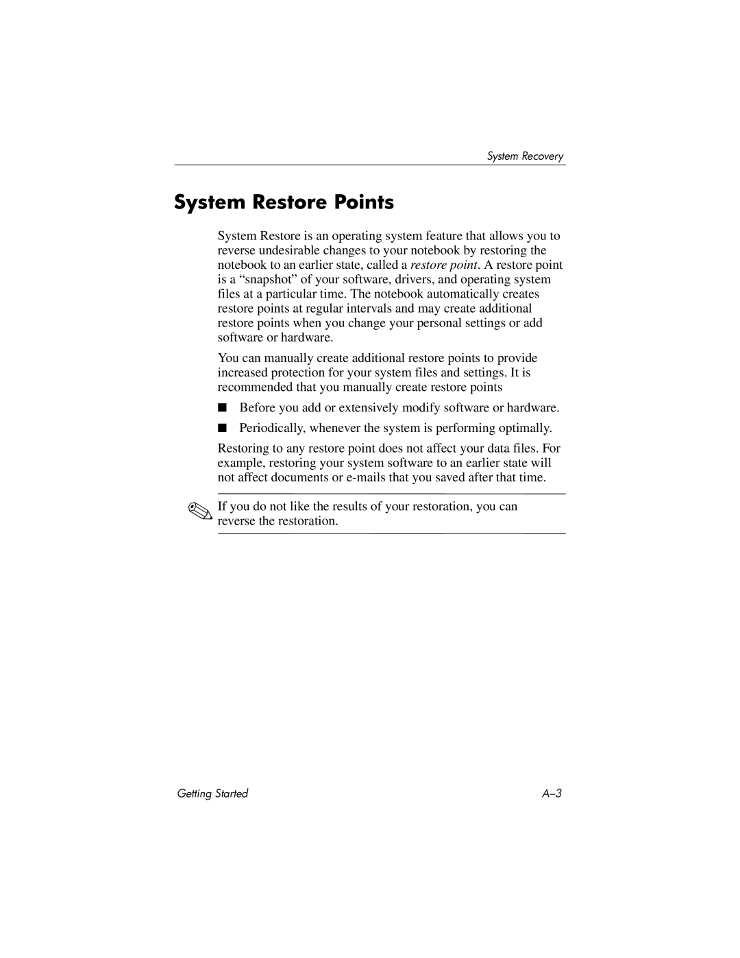 HP 377703-001 manual System Restore Points 