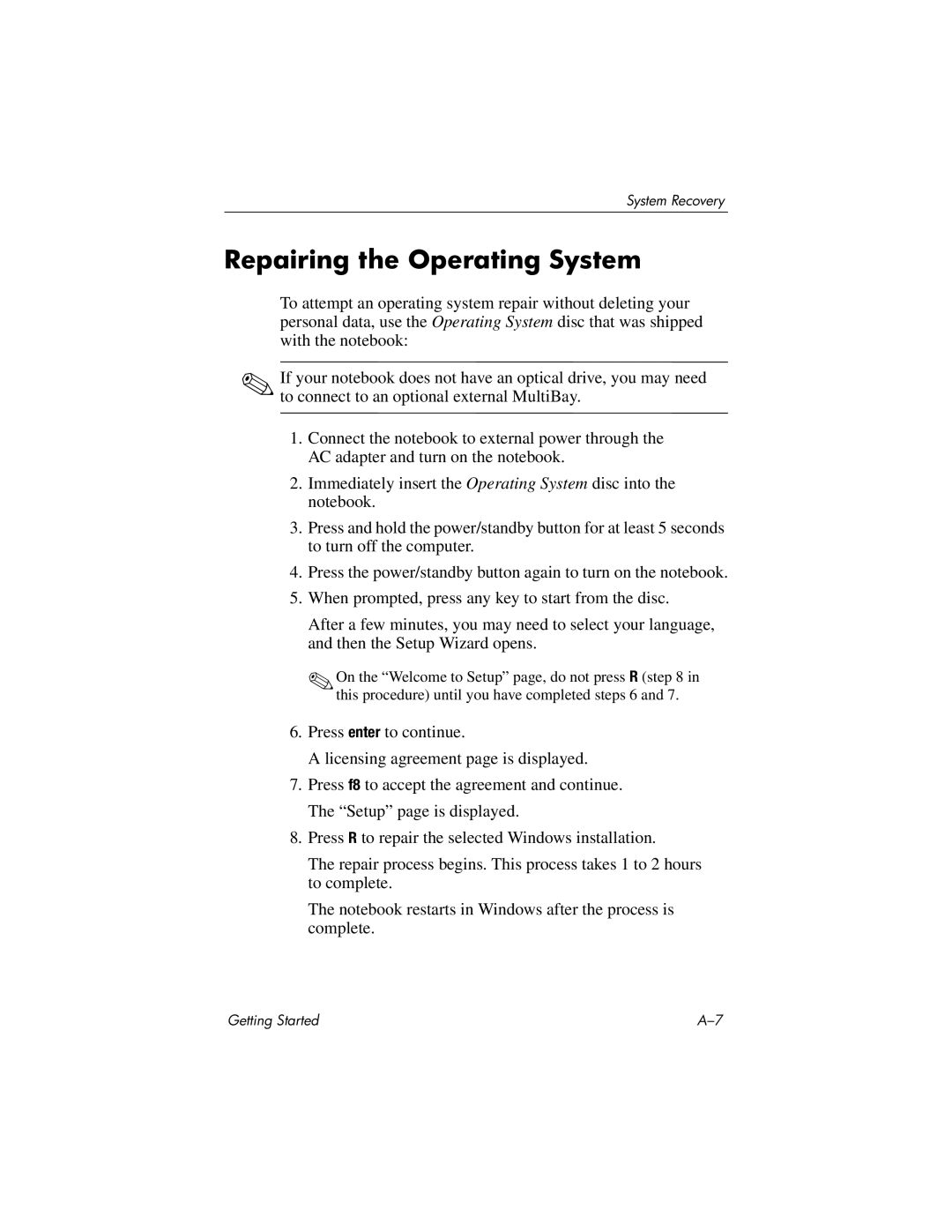 HP 377703-001 manual Repairing the Operating System 