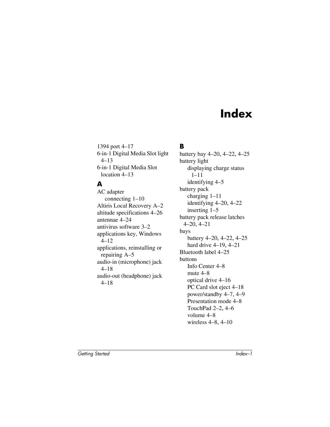 HP 377703-001 manual Index 