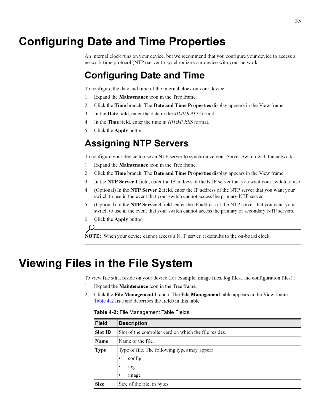 HP 377707-002 manual Configuring Date and Time Properties, Viewing Files in the File System, Assigning NTP Servers, Size 