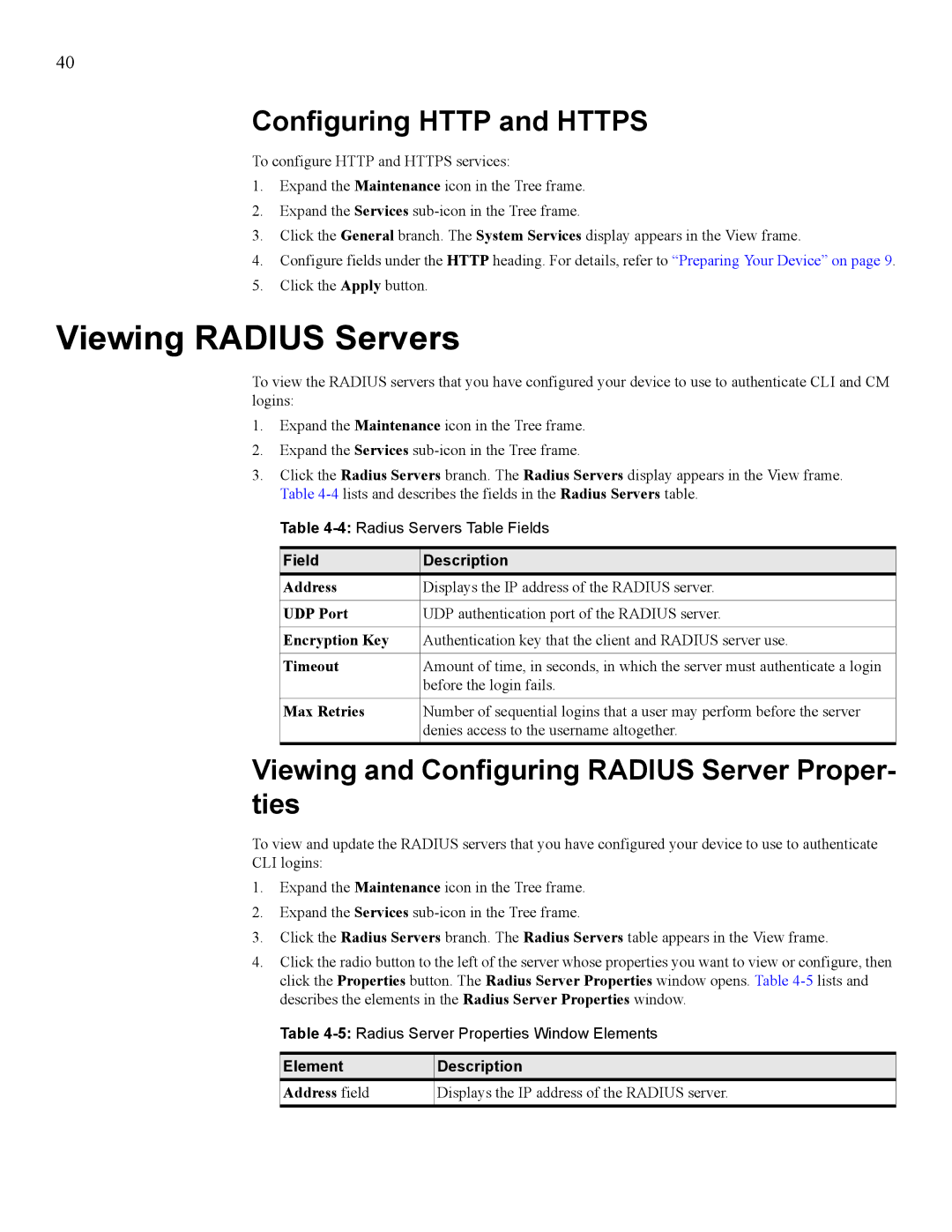 HP 377707-002 manual Viewing Radius Servers, Configuring Http and Https, Viewing and Configuring Radius Server Proper- ties 