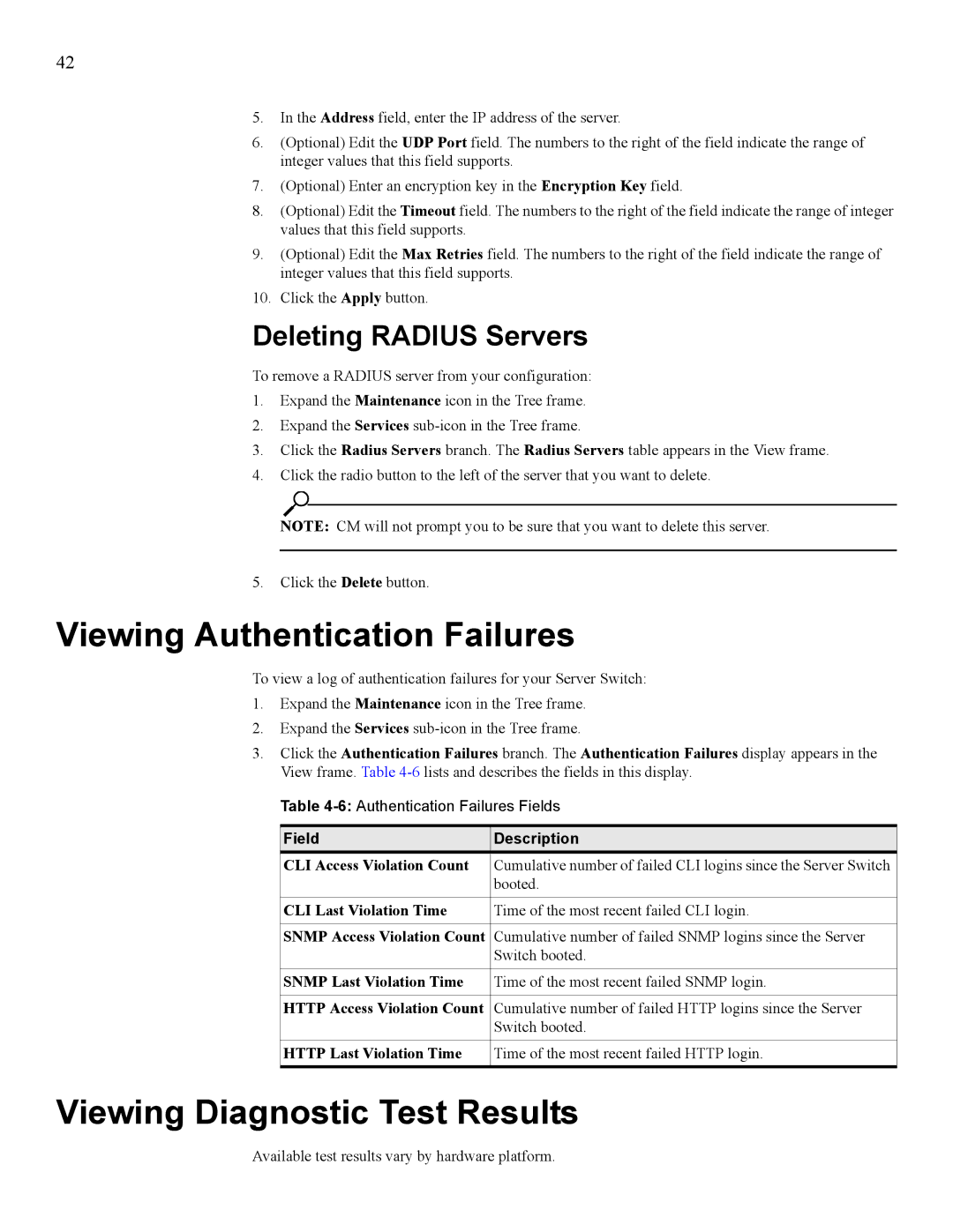 HP 377707-002 manual Viewing Authentication Failures, Viewing Diagnostic Test Results, Deleting Radius Servers 