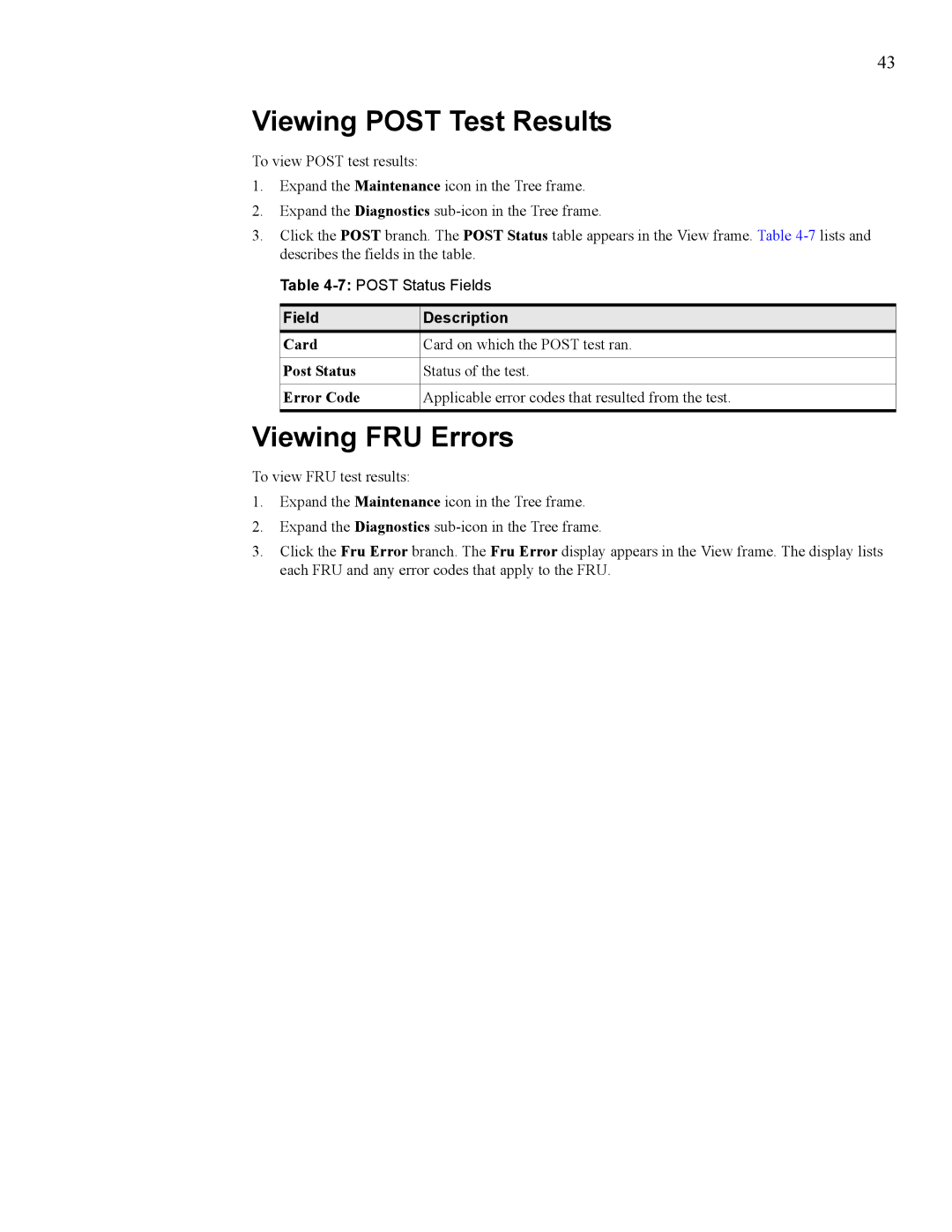 HP 377707-002 manual Viewing Post Test Results, Viewing FRU Errors 