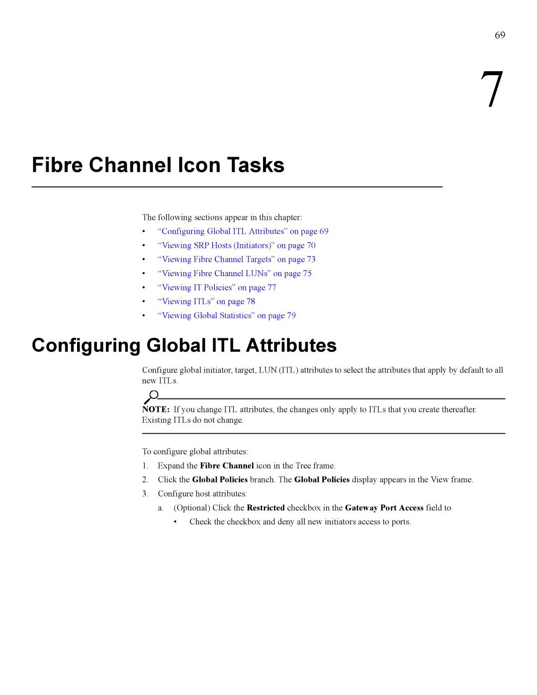 HP 377707-002 manual Fibre Channel Icon Tasks, Configuring Global ITL Attributes 