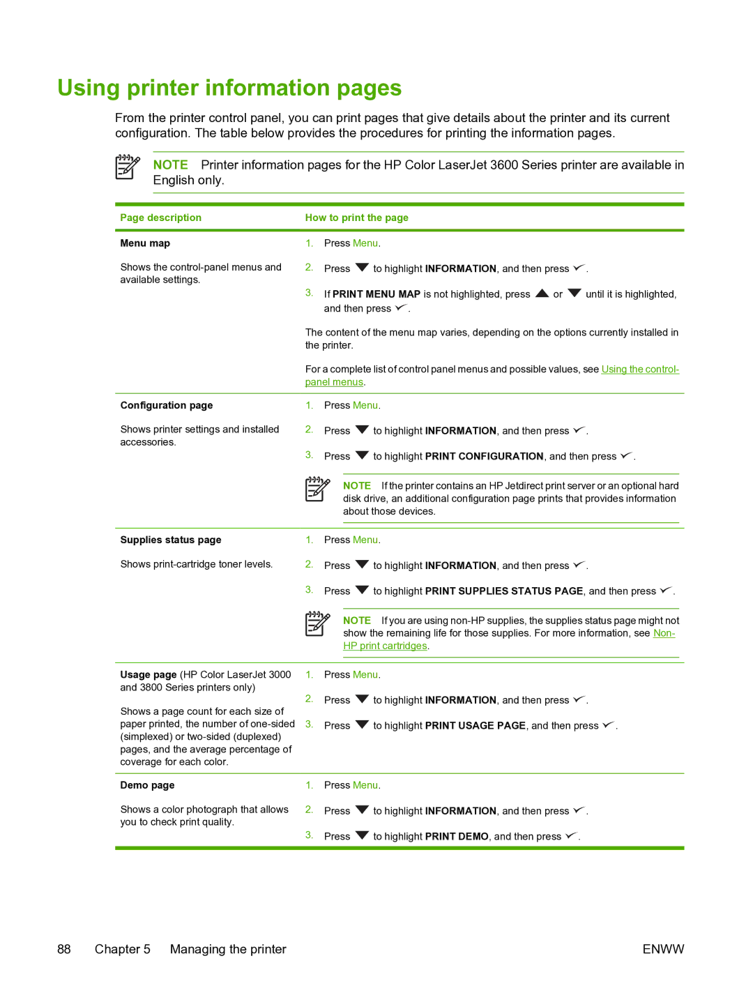 HP 3800 manual Using printer information pages, Description How to print 