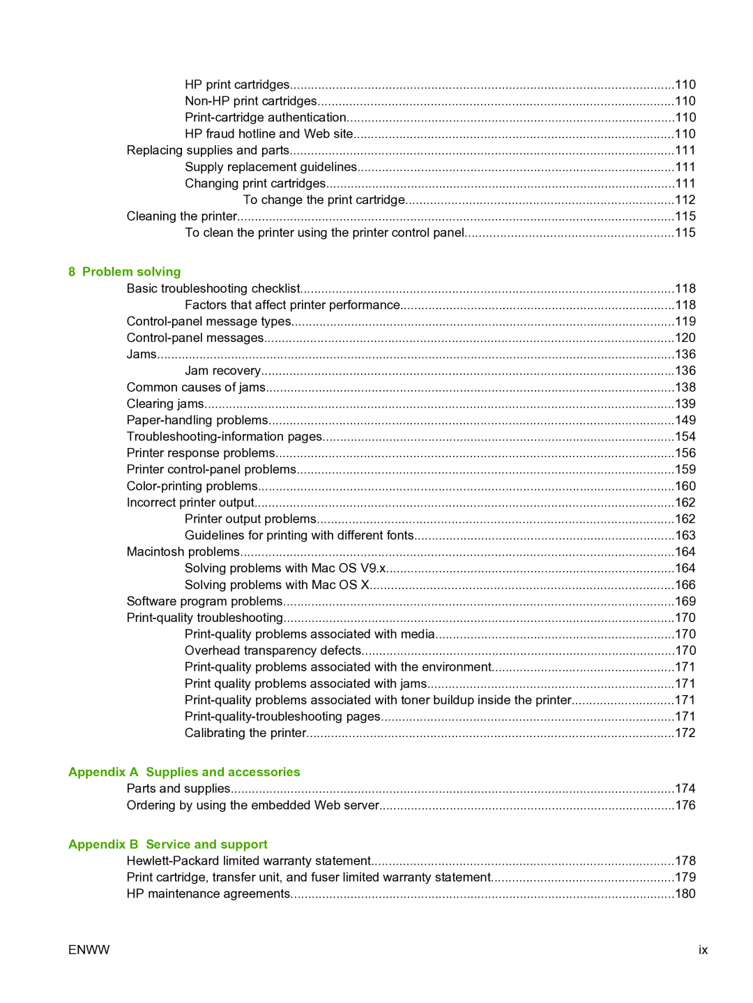 HP 3800 manual Problem solving, Appendix a Supplies and accessories, Appendix B Service and support 