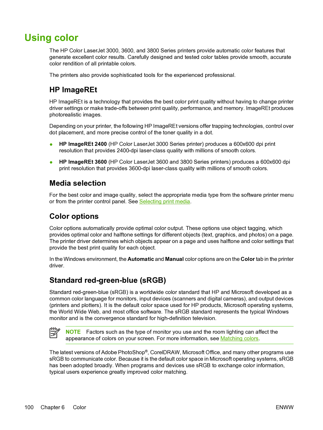 HP 3800 manual Using color, HP ImageREt, Media selection, Color options, Standard red-green-blue sRGB 