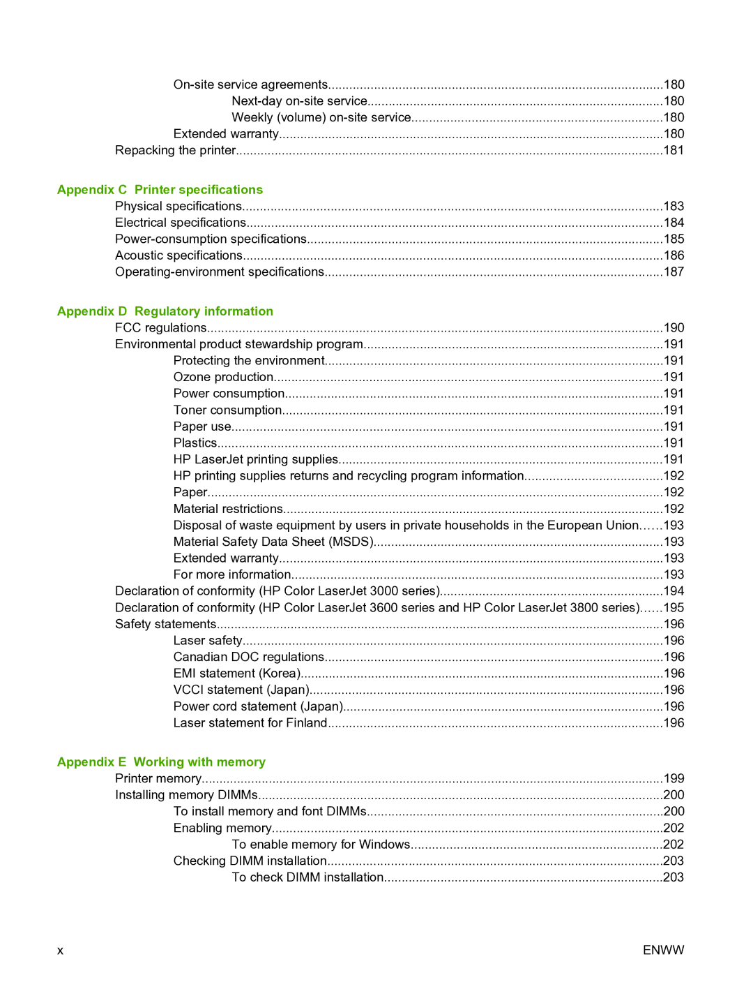 HP 3800 manual Appendix C Printer specifications, Appendix D Regulatory information, Appendix E Working with memory 