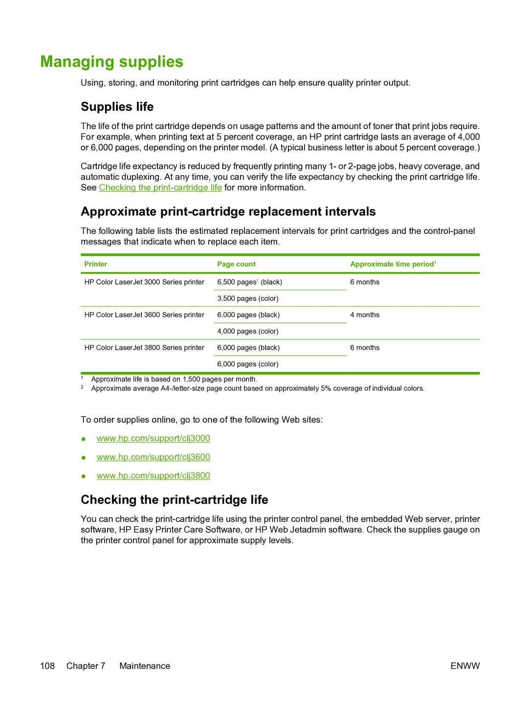 HP 3800 manual Managing supplies, Supplies life, Approximate print-cartridge replacement intervals 