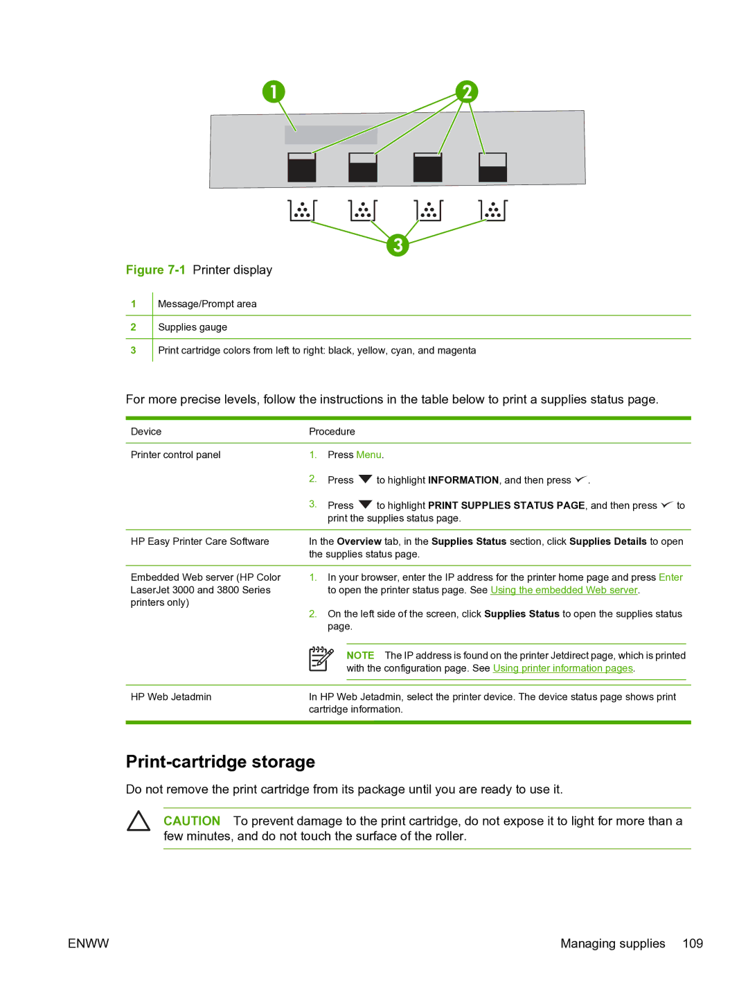 HP 3800 manual Print-cartridge storage, 1Printer display 