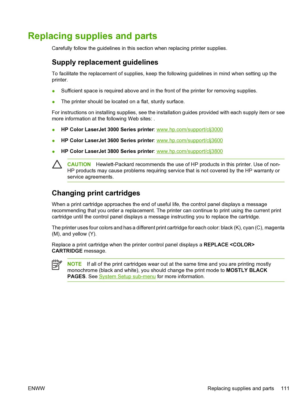 HP 3800 manual Replacing supplies and parts, Supply replacement guidelines, Changing print cartridges 