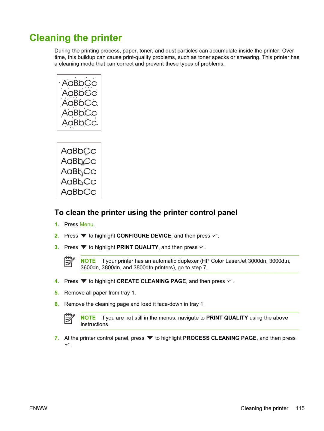 HP 3800 manual Cleaning the printer, To clean the printer using the printer control panel 