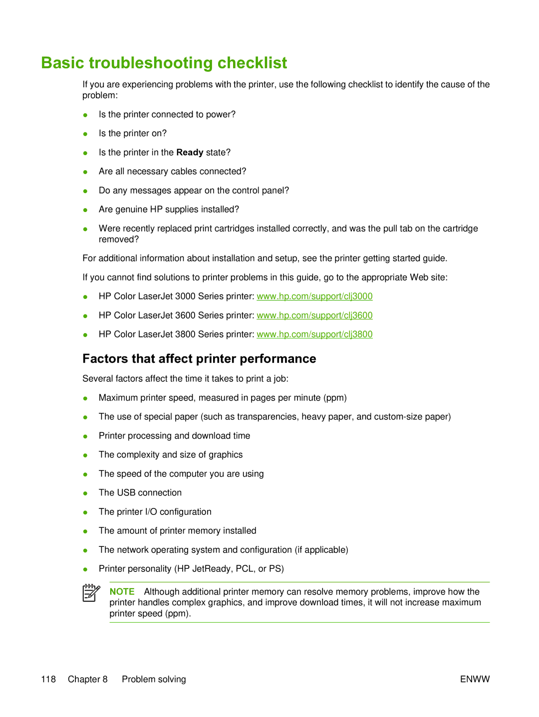 HP 3800 manual Basic troubleshooting checklist, Factors that affect printer performance 