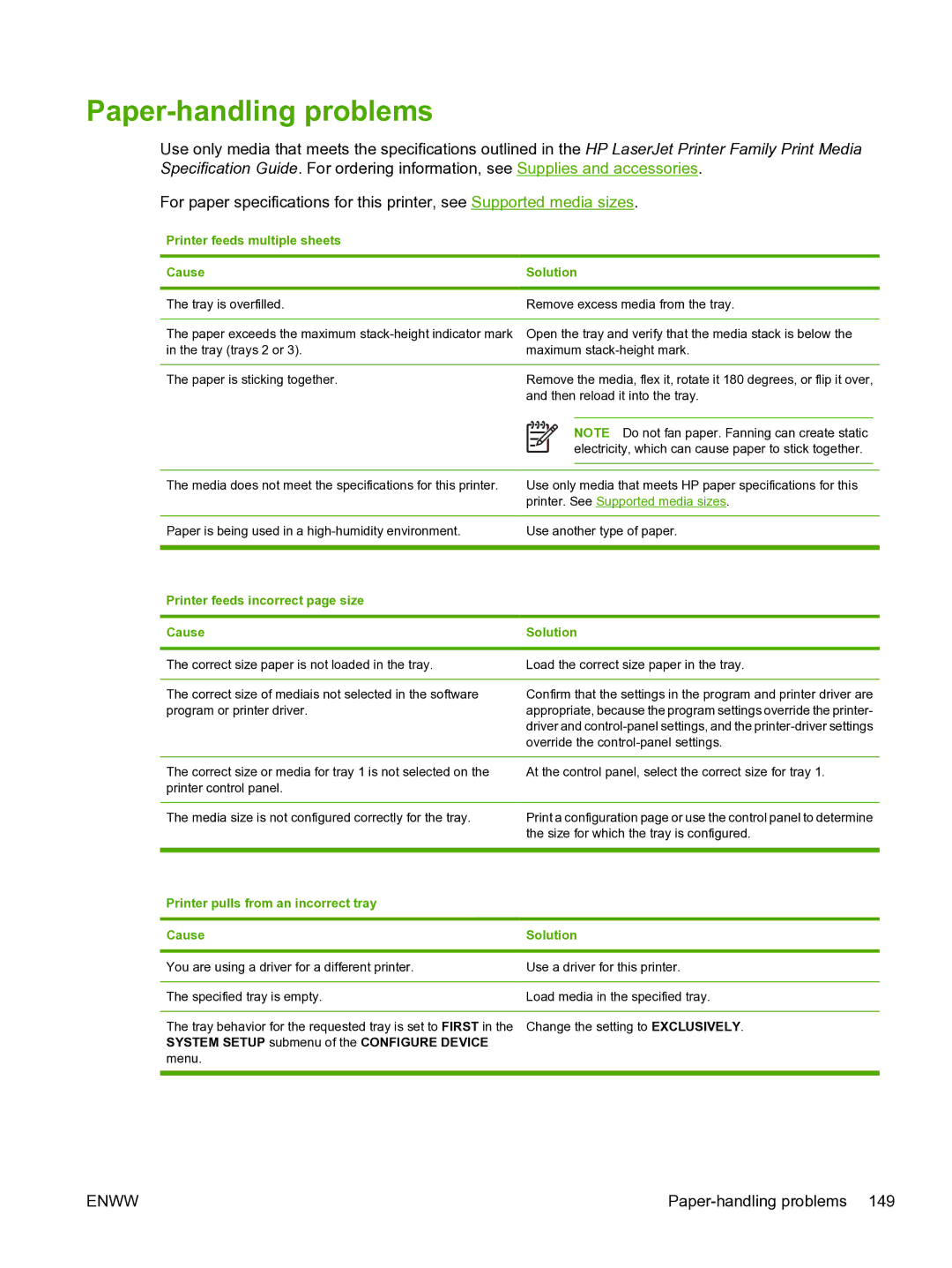 HP 3800 manual Paper-handling problems, Printer feeds multiple sheets Cause Solution 