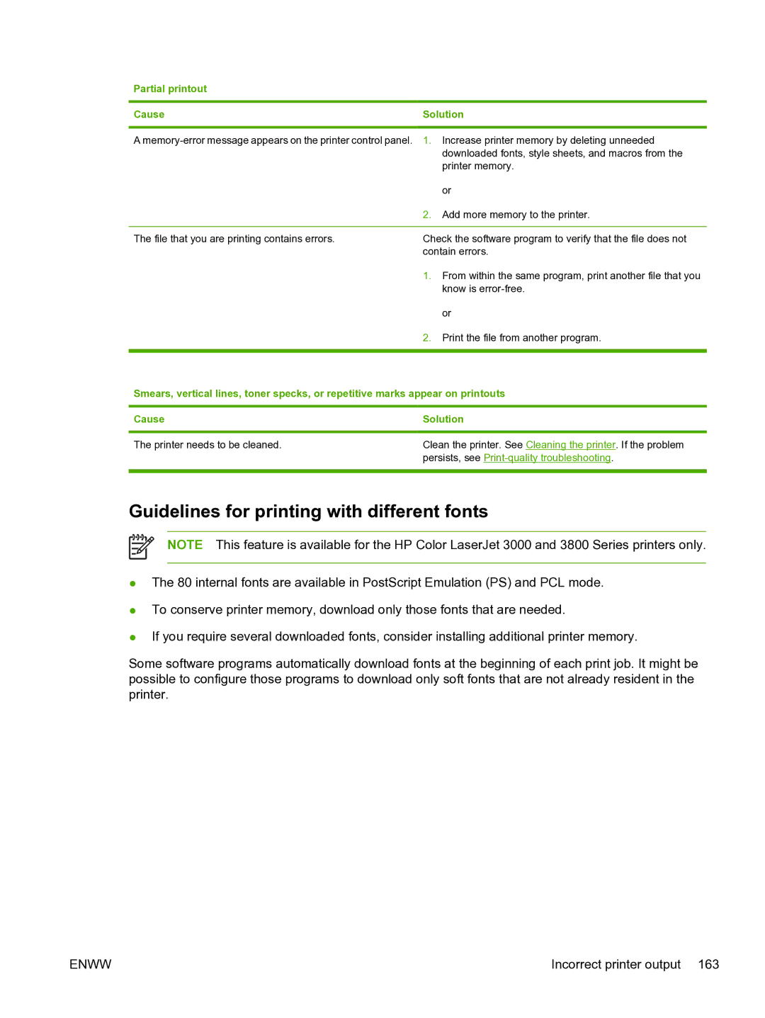 HP 3800 manual Guidelines for printing with different fonts, Partial printout Cause Solution 