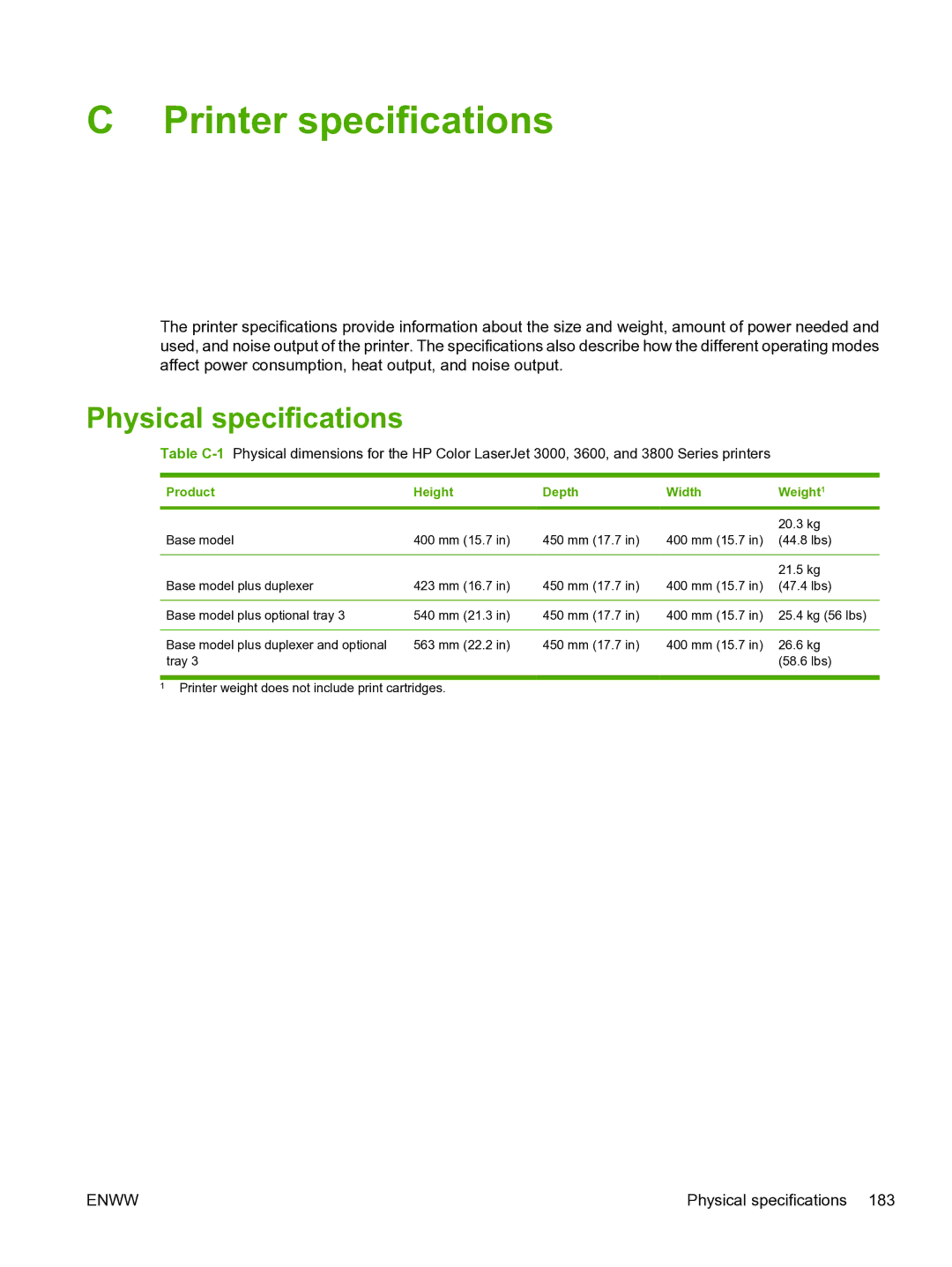 HP 3800 manual Printer specifications, Physical specifications, Product Height Depth Width Weight 