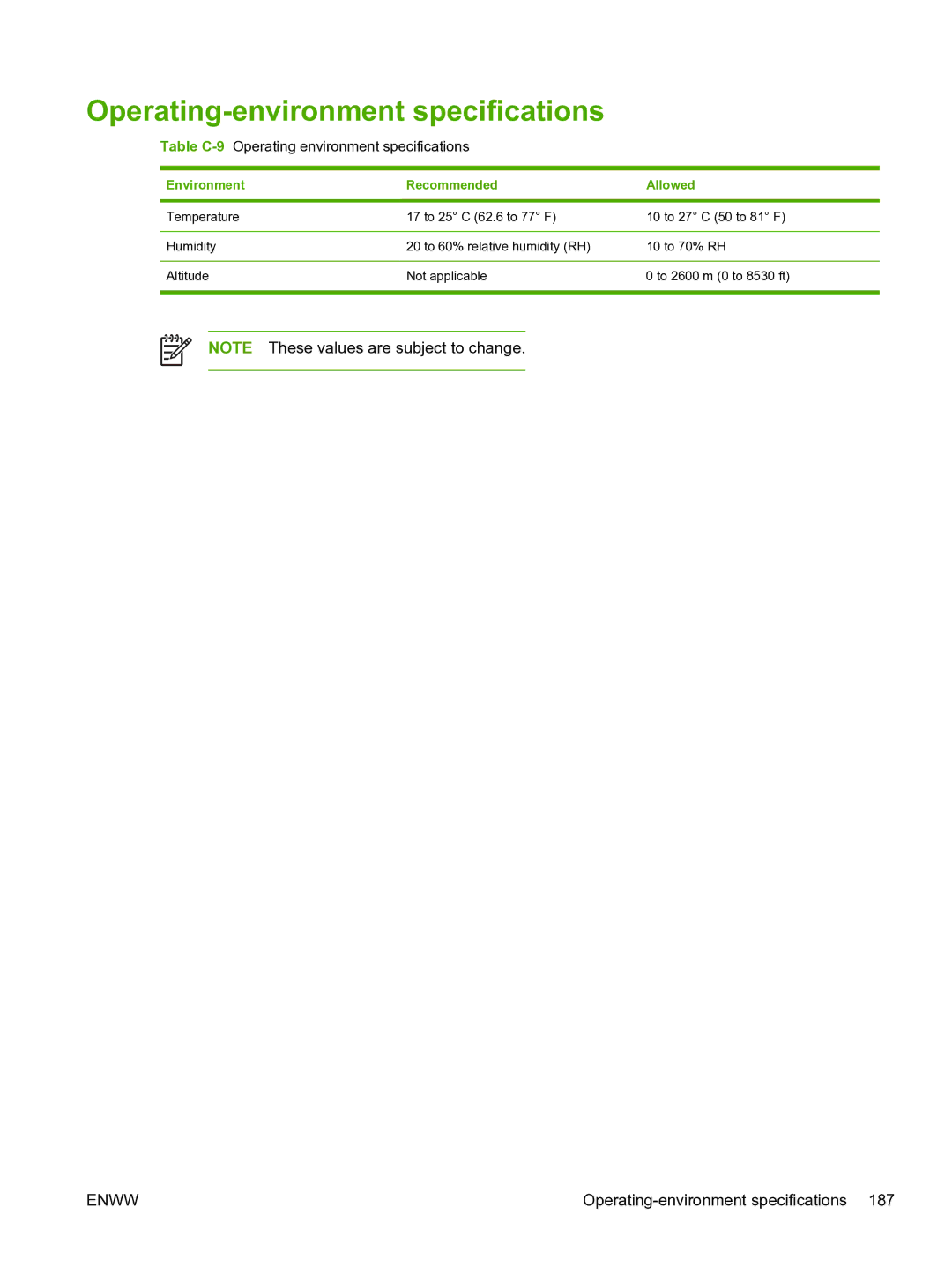 HP 3800 manual Operating-environment specifications, Environment Recommended Allowed 