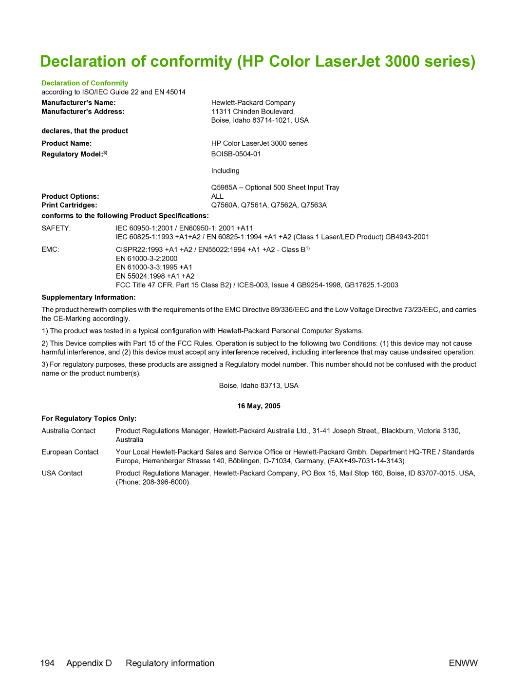 HP 3800 manual Declaration of conformity HP Color LaserJet 3000 series, Declaration of Conformity 