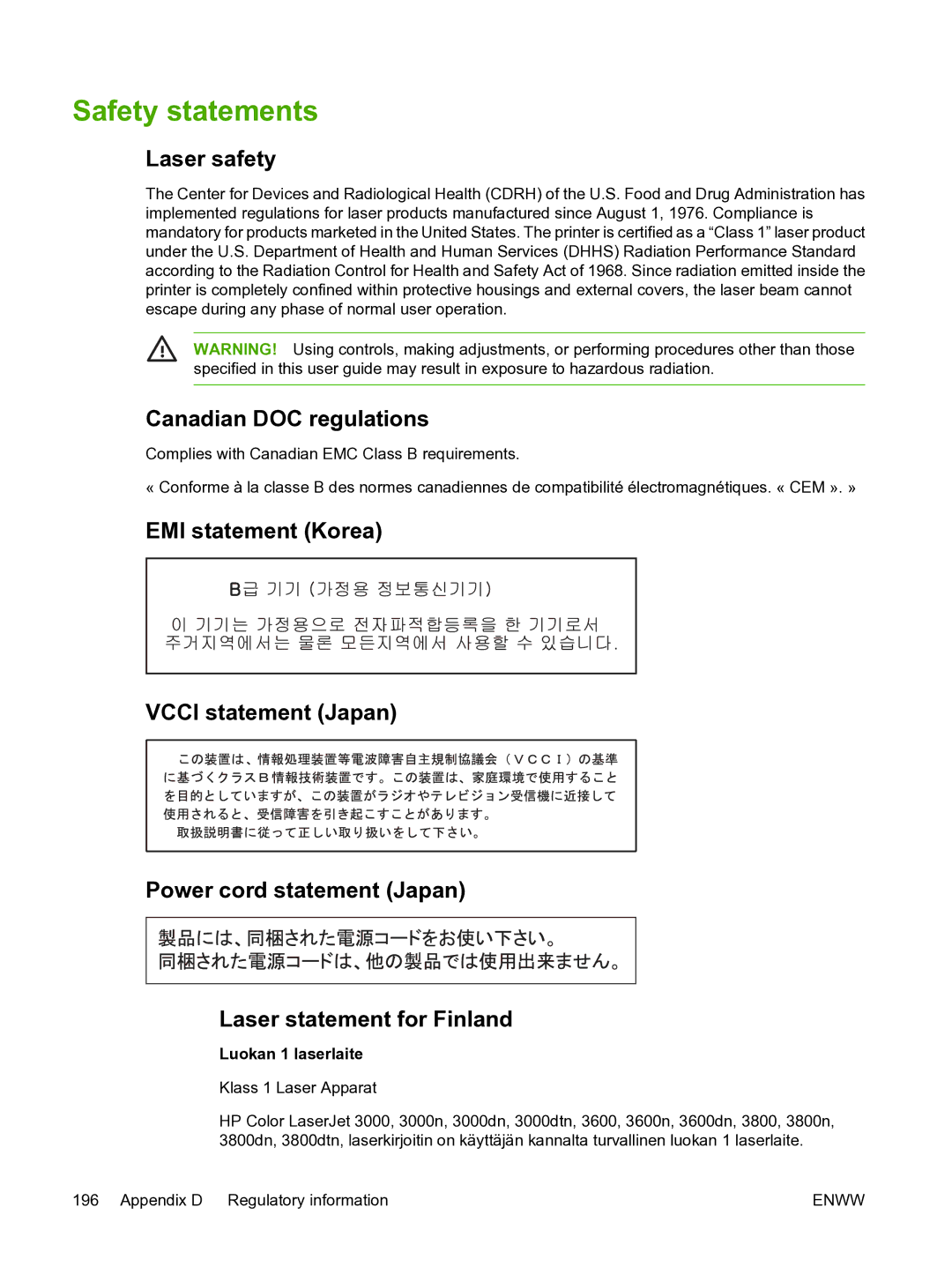 HP 3800 manual Safety statements, Laser safety, Canadian DOC regulations 