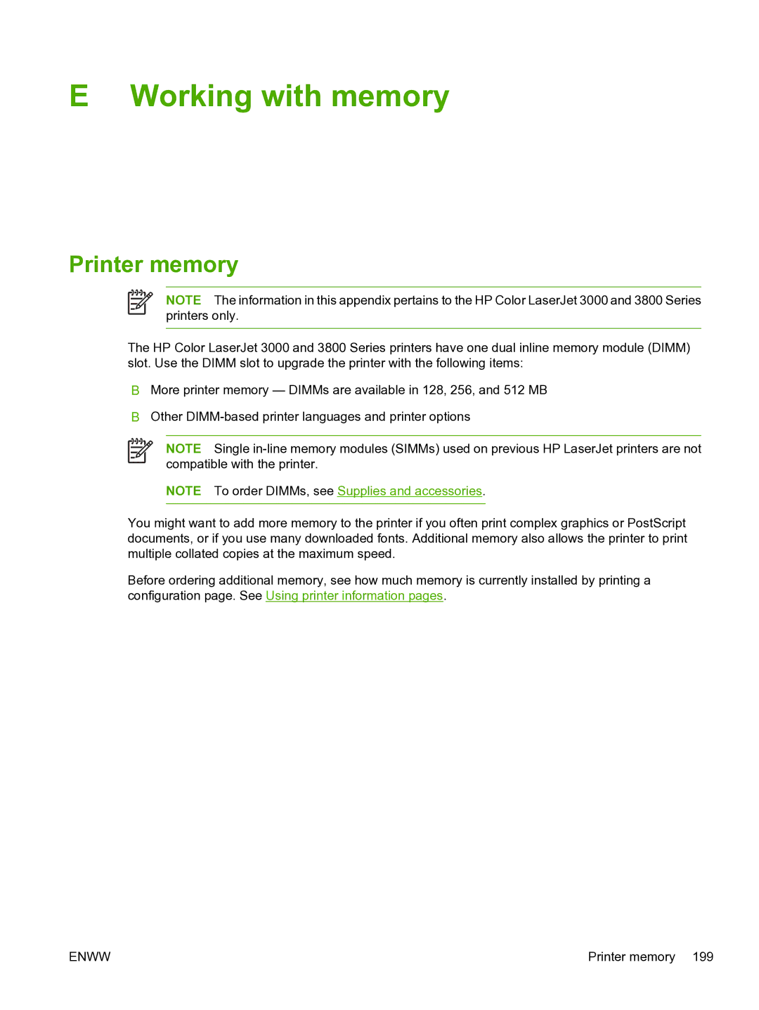 HP 3800 manual Working with memory, Printer memory 