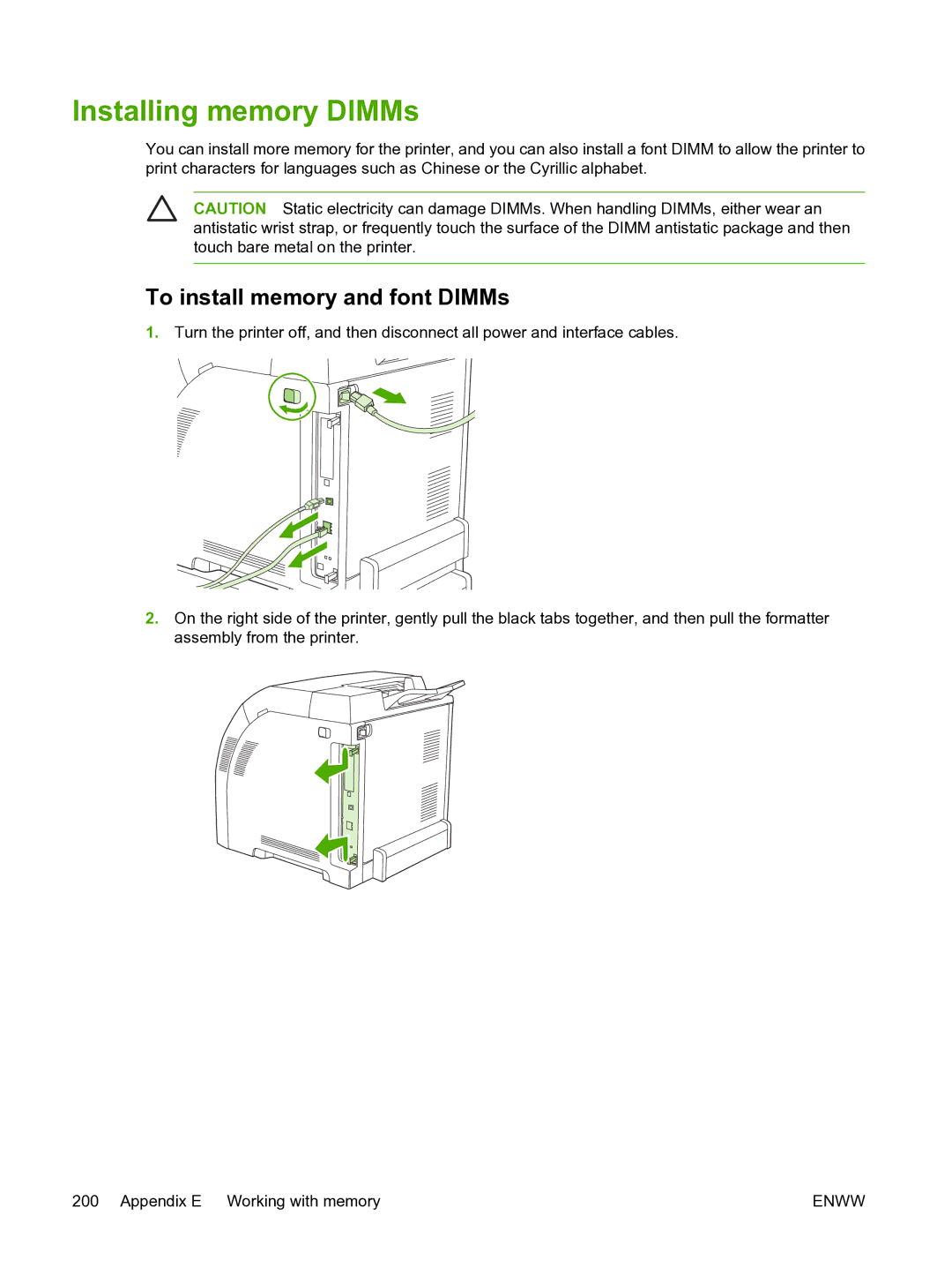 HP 3800 manual Installing memory DIMMs, To install memory and font DIMMs 