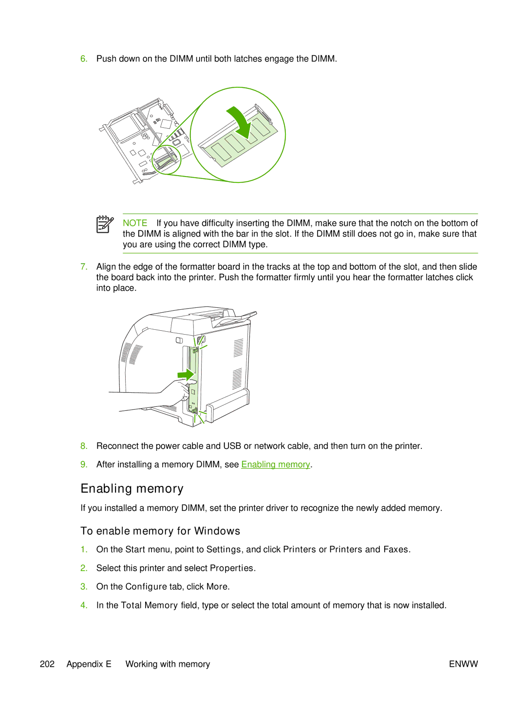 HP 3800 manual Enabling memory, To enable memory for Windows 