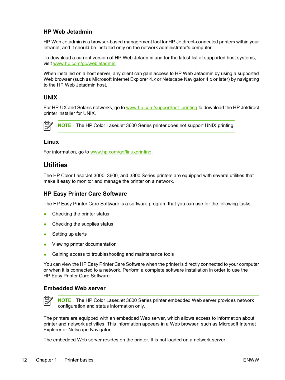 HP 3800 manual Utilities, HP Web Jetadmin, Linux, HP Easy Printer Care Software, Embedded Web server 