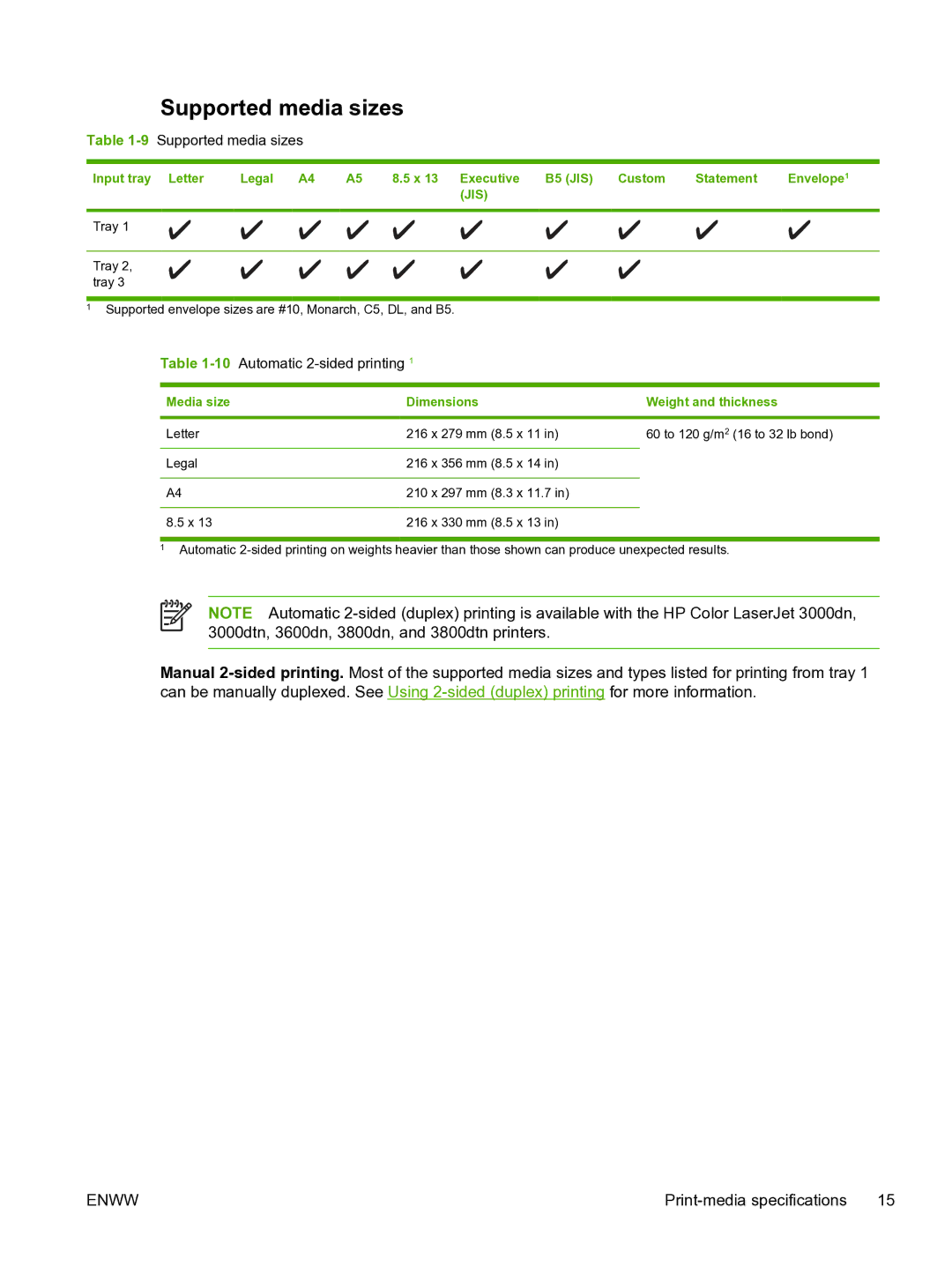 HP 3800 manual Supported media sizes, Media size Dimensions Weight and thickness 