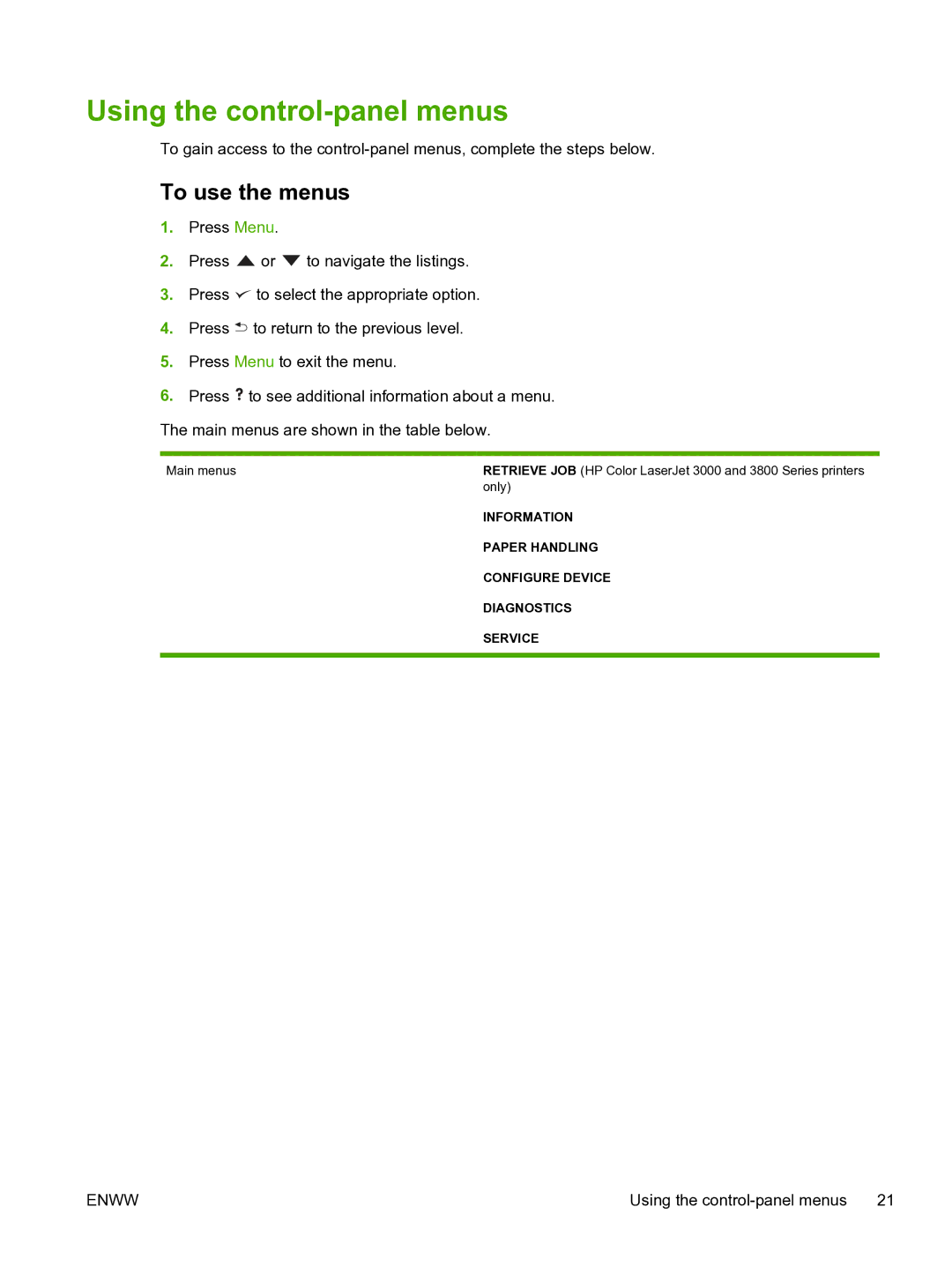 HP 3800 manual Using the control-panel menus, To use the menus 