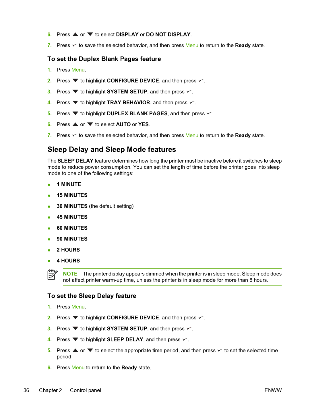 HP 3800 manual Sleep Delay and Sleep Mode features, To set the Duplex Blank Pages feature, To set the Sleep Delay feature 