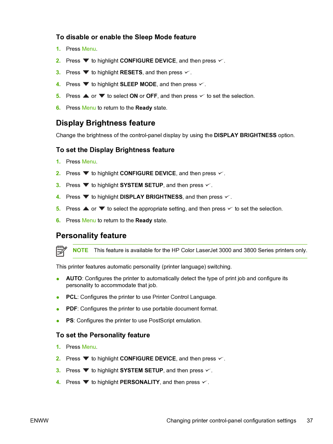 HP 3800 manual Display Brightness feature, Personality feature, To disable or enable the Sleep Mode feature 