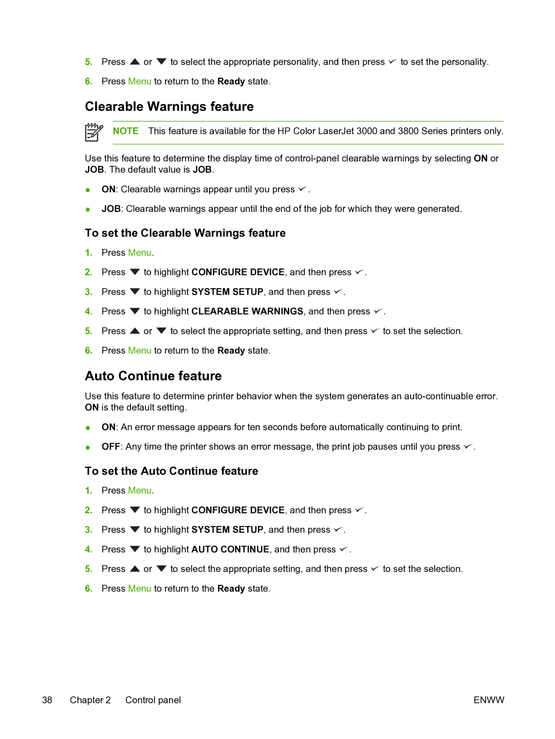 HP 3800 manual To set the Clearable Warnings feature, To set the Auto Continue feature 