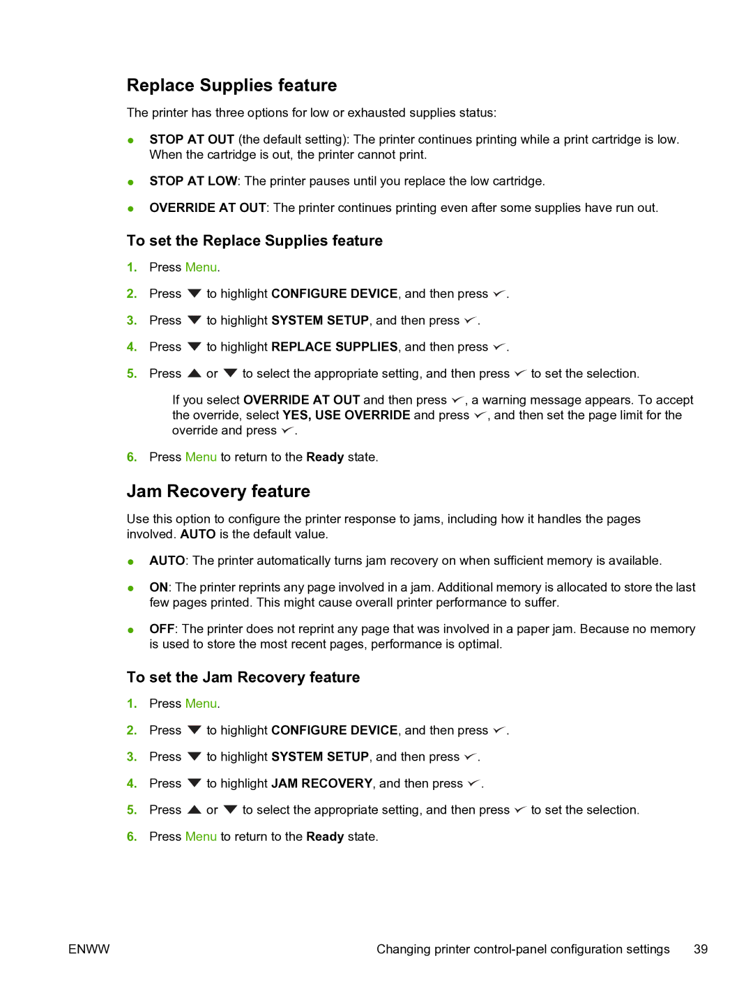 HP 3800 manual To set the Replace Supplies feature, To set the Jam Recovery feature 