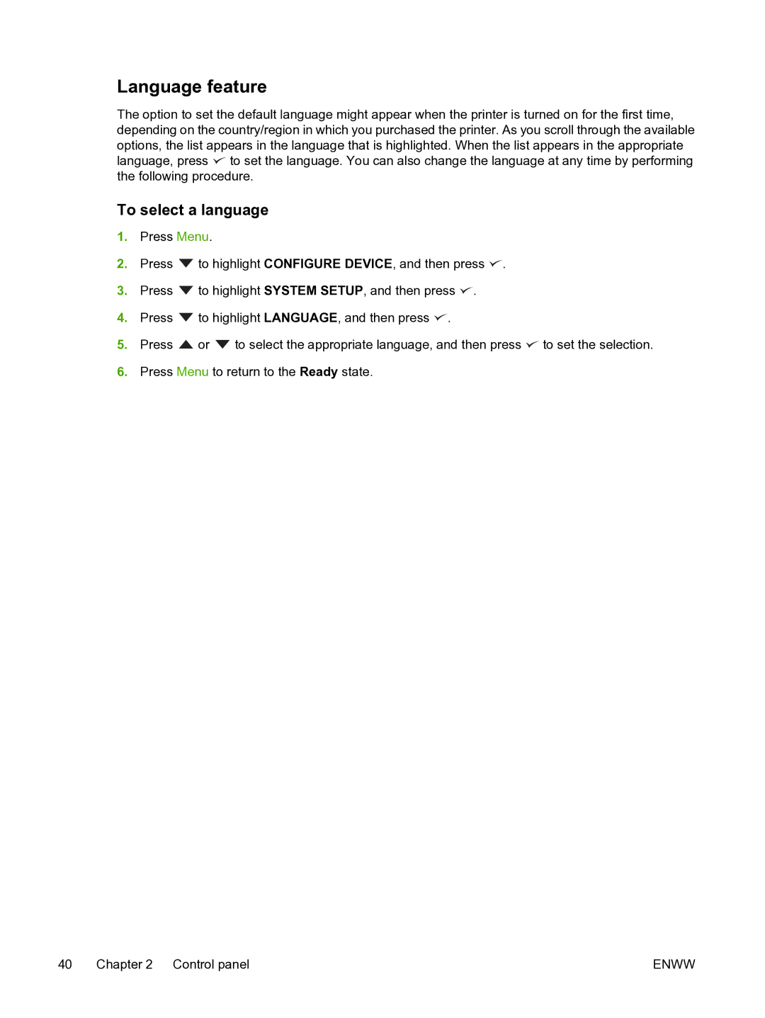 HP 3800 manual Language feature, To select a language 