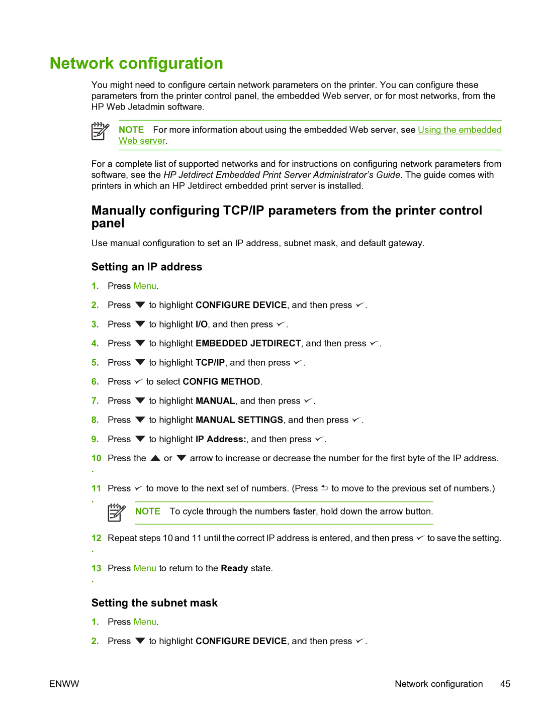 HP 3800 manual Network configuration, Setting an IP address, Setting the subnet mask 