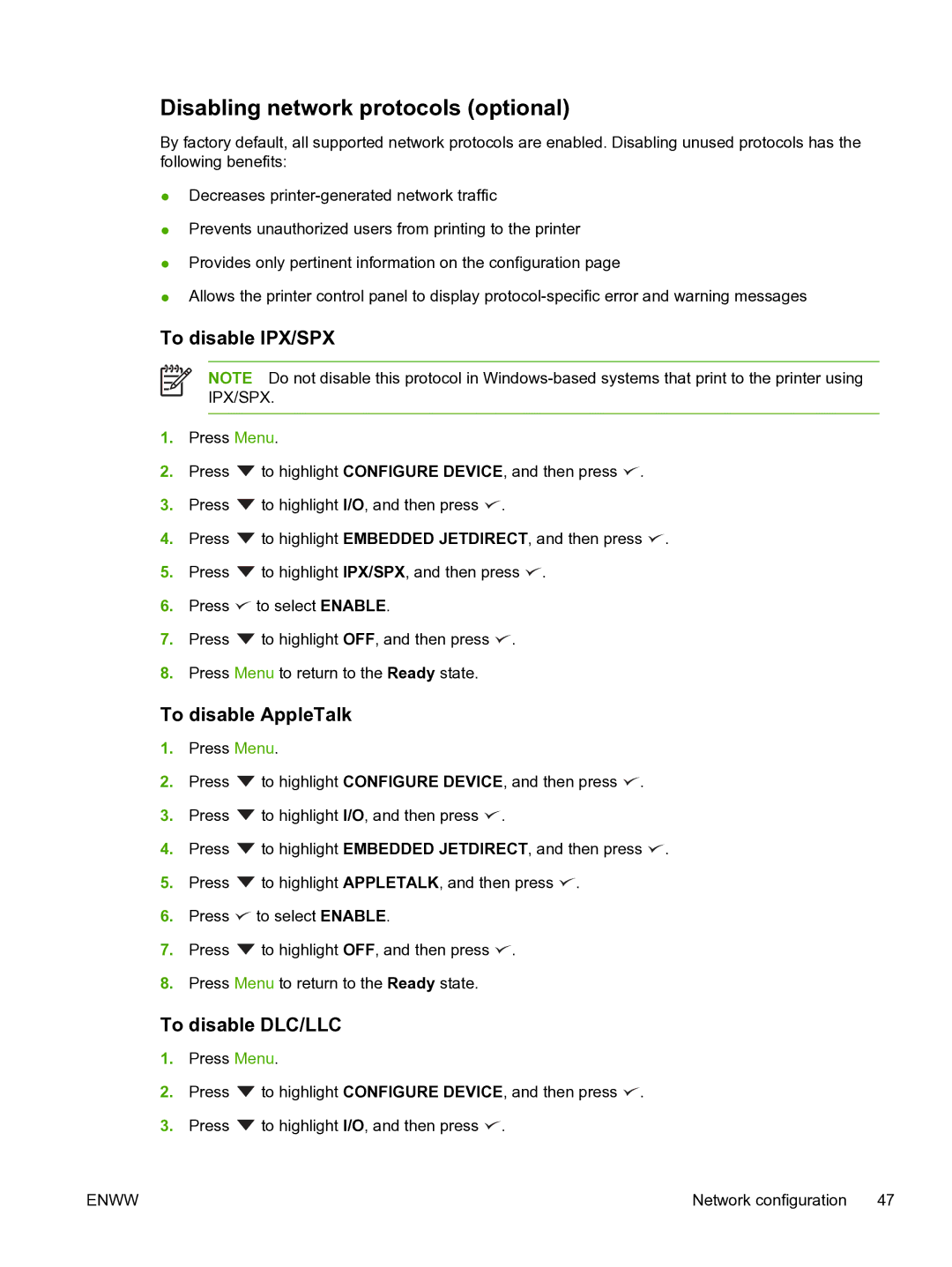 HP 3800 manual Disabling network protocols optional, To disable IPX/SPX, To disable AppleTalk, To disable DLC/LLC 