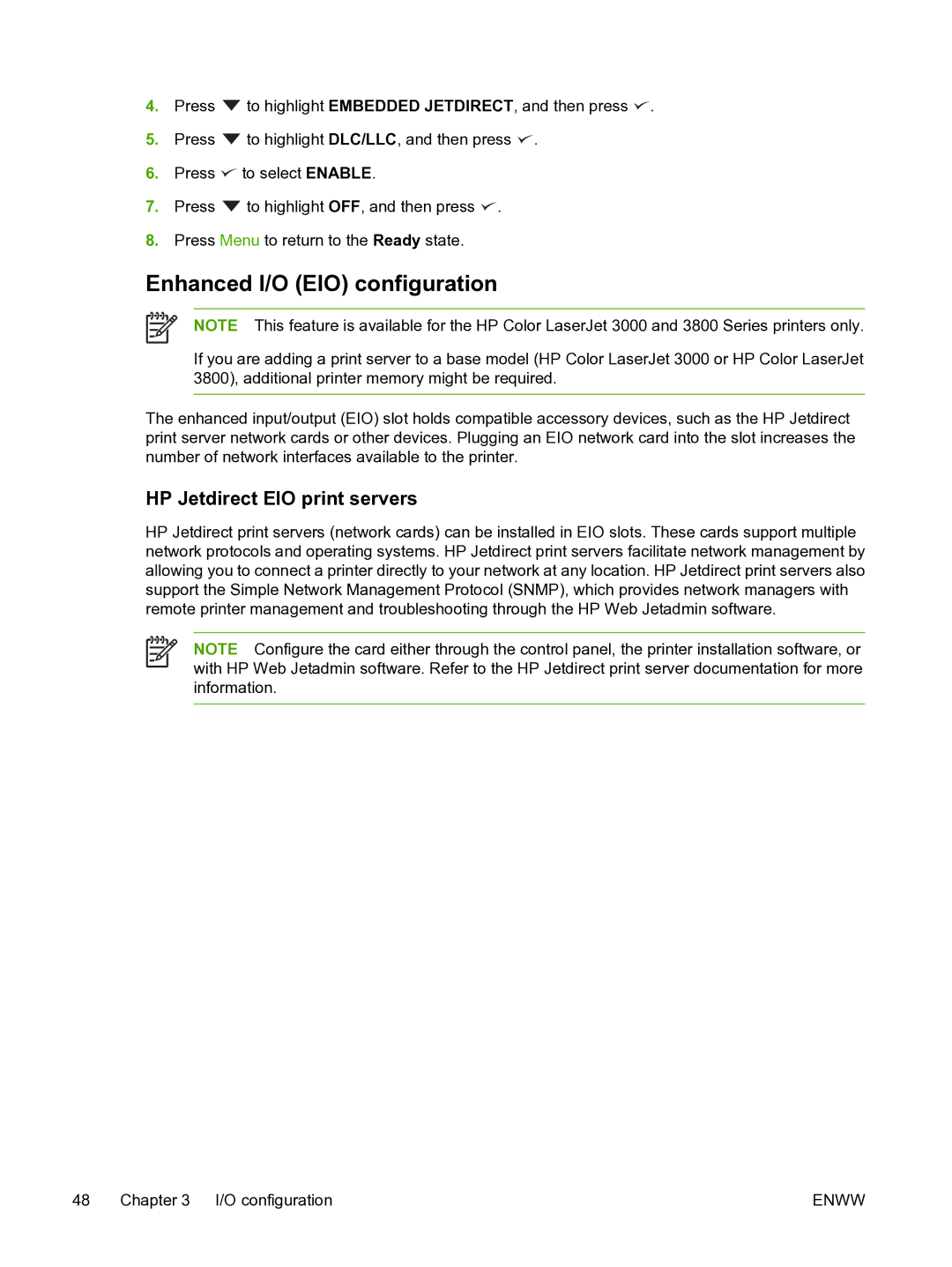 HP 3800 manual Enhanced I/O EIO configuration, HP Jetdirect EIO print servers 