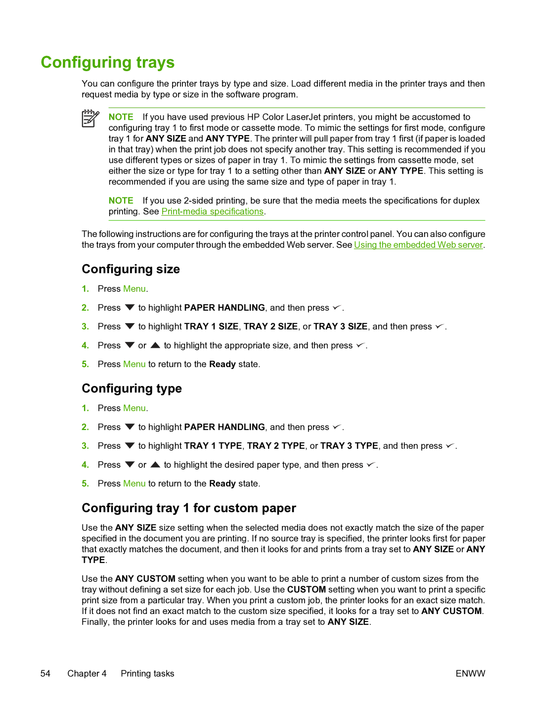 HP 3800 manual Configuring trays, Configuring size, Configuring type, Configuring tray 1 for custom paper 