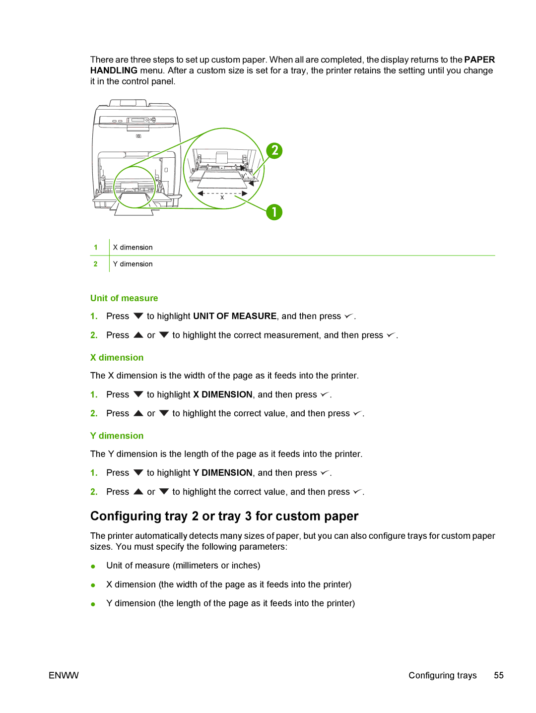 HP 3800 manual Configuring tray 2 or tray 3 for custom paper, Unit of measure, Dimension 