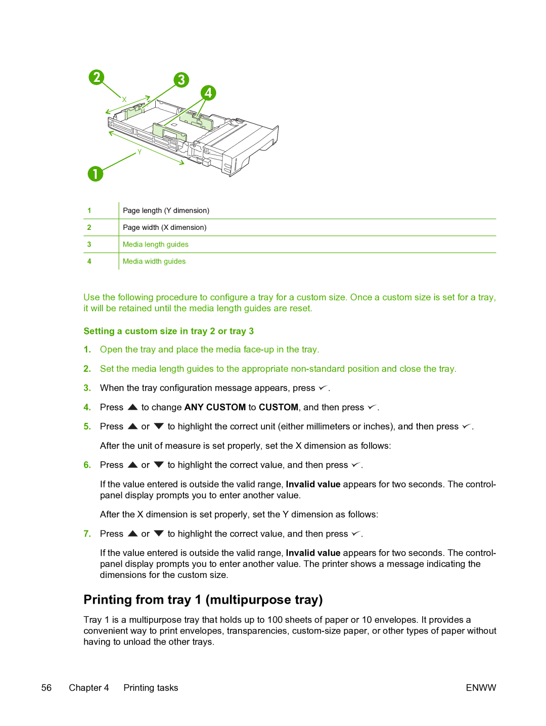 HP 3800 manual Printing from tray 1 multipurpose tray, Setting a custom size in tray 2 or tray 