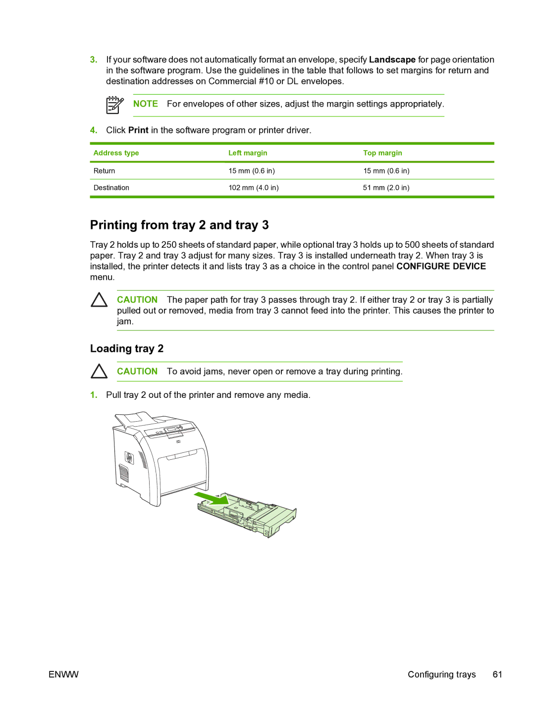 HP 3800 manual Printing from tray 2 and tray, Loading tray, Address type Left margin Top margin 