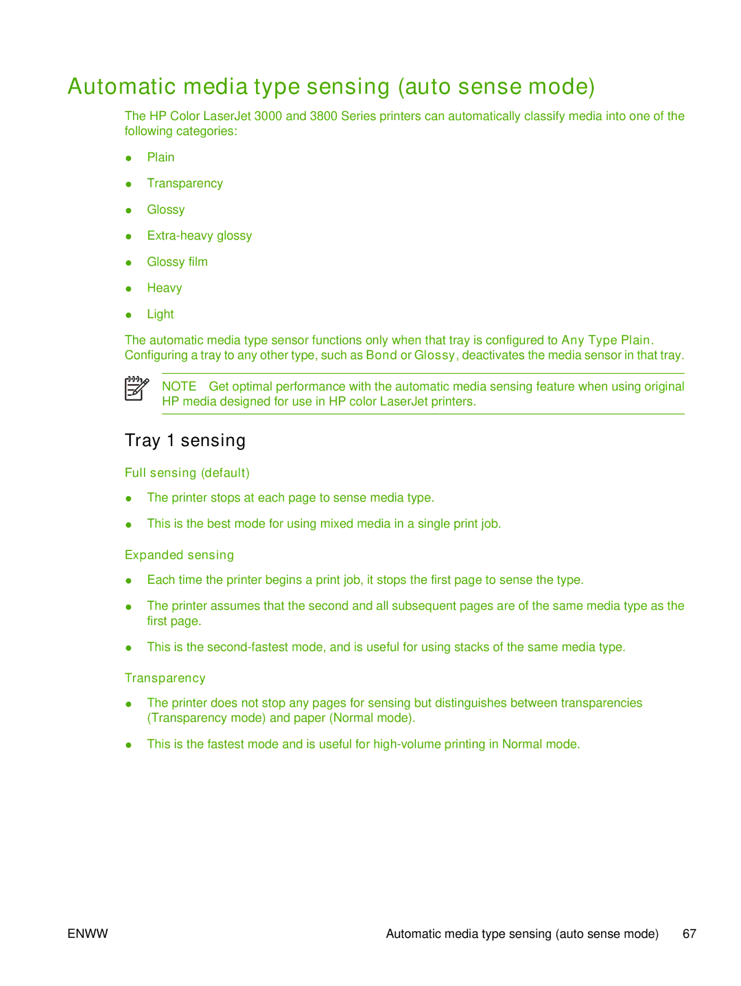 HP 3800 Automatic media type sensing auto sense mode, Tray 1 sensing, Full sensing default, Expanded sensing, Transparency 