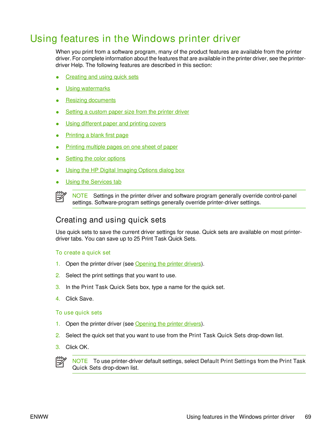 HP 3800 manual Using features in the Windows printer driver, Creating and using quick sets, To create a quick set 